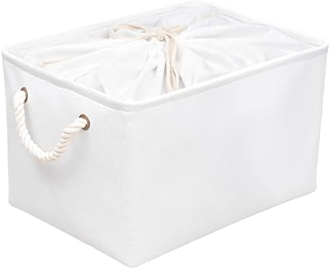 OUTBROS Large Storage Basket, 16.5 x 12.6 x 10.2 inch Foldable Storage Box with Handles and Drawstring for Towels, Books, Toys, Clothes (Grey/White, 3-Pack)