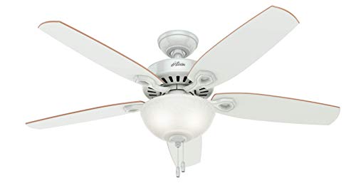 Hunter 52 inch Indoor Ceiling Fan with LED Light - White Ceiling Fan with Pull Chain, For Bedroom or Living Room, Standard Mount, No Remote, 5 Blades, Includes Bulbs - Builder Deluxe 53089, White