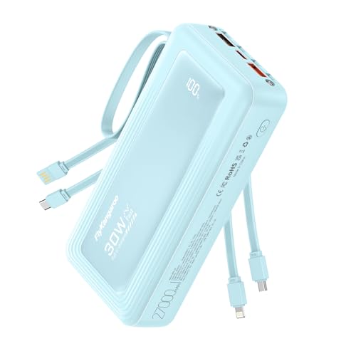 FlyKangaroo Batería externa con cables integrados, 27000 mAh, 22,5 W, carga rápida, pantalla LED USB-C, cargador portátil con 6 salidas y 2 entradas para iPhone, Samsung, Pixel, LG, Moto, iPad