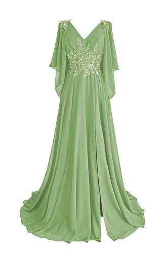 Lace Chiffon Mother of The Bride Dresses 2025 with Slit Sequin Beaded Formal Dresses V Neck Evening Gown with Cape Sleeve