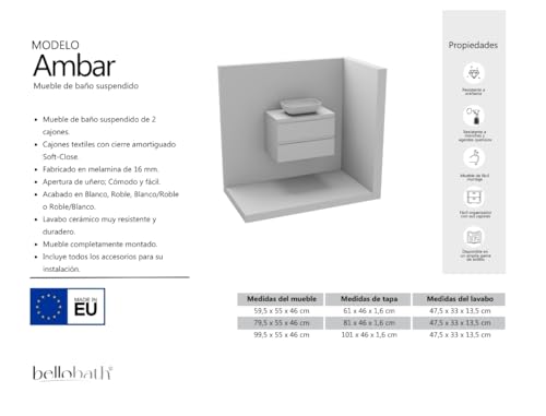 BELLOBATH - Mueble Baño Suspendido con Lavabo de Cerámica, Mueble Baño con Lavabo Montado con 2 Cajones, 60 x 55 x 46 cm, Mueble Blanco y Tapa Roble - imagen 5