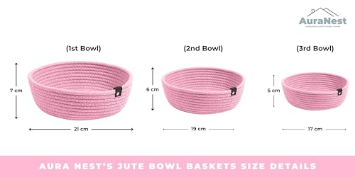 Image of AuraNest Jute Rope Storage Baskets Set of 3, Pink Woven Cotton Rope Baskets for Organizing, Decorative Nesting Bowls for Bathroom, Nursery, Shelf, Kitchen, Small Storage Bins for Home Decor