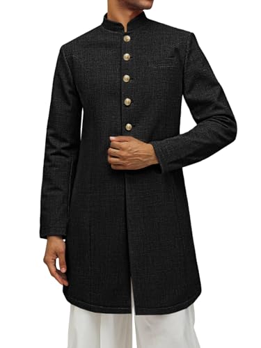 Runcati Mens Kurta Coats Indian Mandarin Collar Attire Ethnic Outfits Wedding Festive Party Clothing Casual Kaftan Robe Black