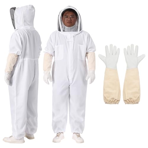 QUARKZMAN Traje de Apicultura para Hombres y Mujeres XXL con Capucha y Guantes para Apicultores Principiantes y Profesionales en Jardines Blanco