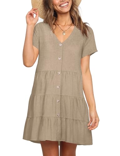 Nova In Sky Flowy Womens Dresses Summer Casual Nude Dress for Teen Girls Ruffle V Neck Button Down Tunic Cute Dresses Apricot XL