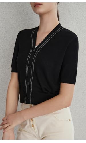 Short Sleeve V-Neck Cardigan, Button Front, 23BC-245 (US, Alpha, Medium, Regular, Regular, Black)3