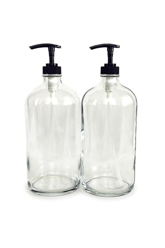 Vivaplex 2 Large 32 oz Empty Clear Glass Bottles with Black Lotion Pumps