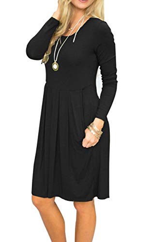 AUSELILY Women's Long Sleeve Pleated Loose Swing Casual Dress with Pockets Knee Length (L, Black)