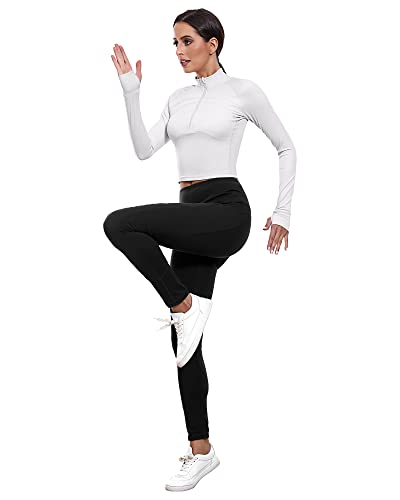 Neer 2 Pack Women's Workout Long Sleeve Jackets, 1/2 Zip Pullover Yoga Crop Tops Slim Fit Running Top With Thumb Holes (Ivory Gray, Greygreen, Small) #TOP5