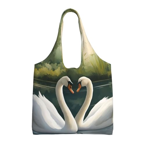 Beautiful White Swans on The Lake Print Stylish and Spacious Single Shoulder Commuting Canvas Tote Bag for Work Travel