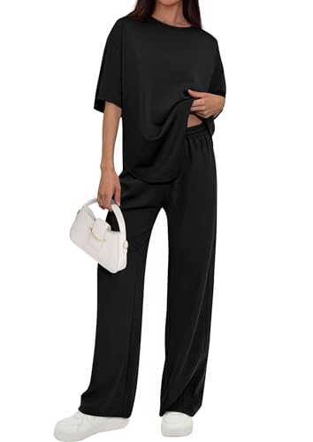 PRETTYGARDEN 2 Piece Lounge Sets for Women Summer 2026 Short Sleeve Matching Airport Travel Outfits Casual Spring Clothes (Black Medium)
