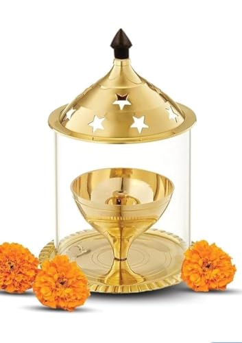 Image of Brass Akhand Diya with Glass Cover 6 Inch Pack of 2 | Golden Decorative Brass Oil Lamp & Tea Light Holder | Cylindrical Lantern for Durga Pooja, Navratri, Temple, Festive & Home Dcor