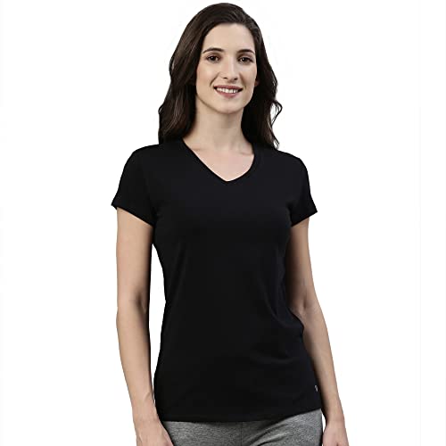 Image of Enamor Short Sleeve Regular Length Pull On Basic V Neck T-Shirt for Women - Slim Fit, Soft and Breathable Stretch Cotton - E067