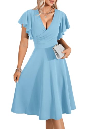 Image of LYANER Women's Warp V Neck Ruffle Short Sleeve A Line Swing Flared Cocktail Party Midi Dress