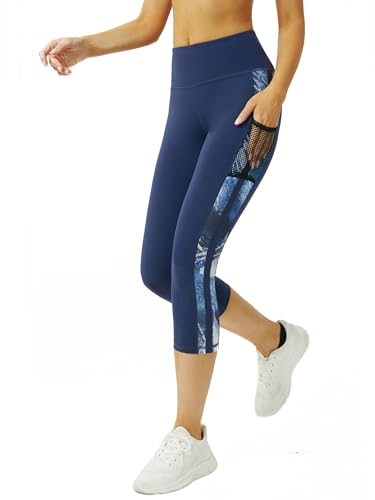 Tuspryt Pantalon de jogging 3/4 pour femme avec poches, pantalon de sport 3/4 avec contrôle du ventre et extensible dans les quatre sens, noir, XS à XXL, M
