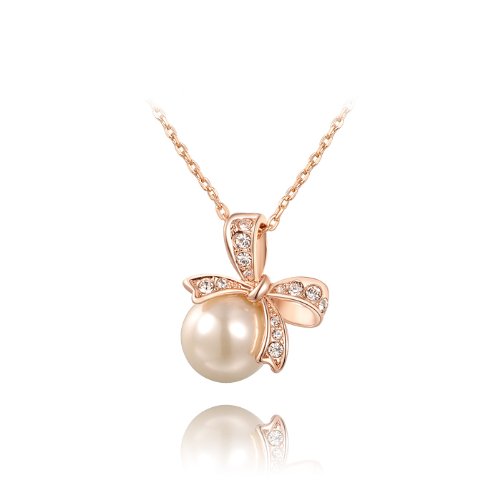 JS Collection Jewelry Rose Gold Plated Austrian Crystal Pearl Bowknot Pendant Elegant Necklace