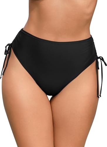 SHEKINI Women's High Waisted Bikini Bottoms Drawstrings Side Swim Briefs Moderate Coverage Swimsuit Bottom Bathing Suit Swimwear Black