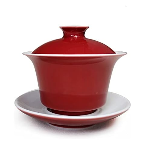 Porcelain Gaiwan 5oz/150ml Teacup White Glazed Tea Cup Tureen Chinese Sancai Cover Bowl Lid Saucer Set (Red) Cover