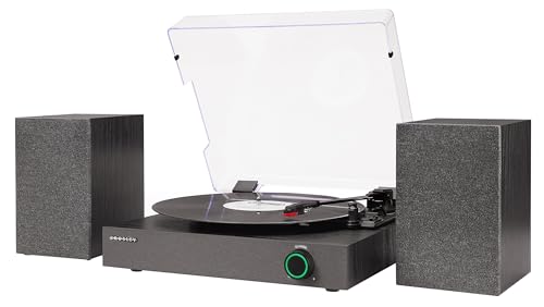Image of Crosley CR7503A-BK Zane Record Player with Speakers, Black | 3-Speed Turntable, Bluetooth In / Out, LED Color on Dial Indicates Audio Mode, Matching External 38W Stereo Speakers