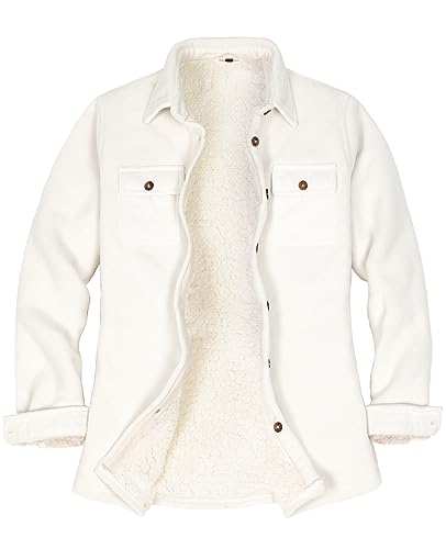 ThCreasa Womens Flannel Jacket Fleece Lined Flannel Shacket Solid Fuzzy Long Sleeve Button Down Shirts for women White M
