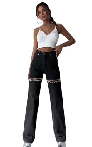 PIRAL Women's Crystal Cut Jeans - High Waisted Straight Fit Denim Pants - 32