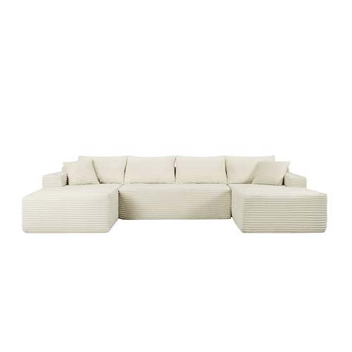 Image of 133 inch Modular Sectional Sofa Couch, Boneless Cloud Couches for Living Room, Oversized Corduroy U Shaped Cloud Sectional Sofa with CupHolders and Storage, No Assembly Required, Beige