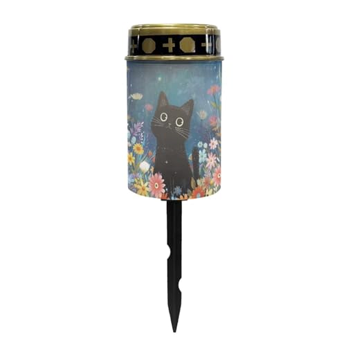 Image of Outdoor Solar Lights, Cat and Flowers Print Waterproof Garden Lamp Flameless Candle Automatically Solar Path Light for Yard Cemetery Grave Walkway