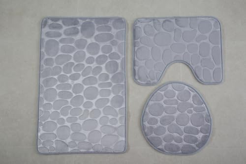 Nvzi 3-teiliges Toiletten-Set aus Flanell, mit Gänsestein, 3-teilig, weiche und bequeme Badematte, inklusive WC-Deckelbezug, rutschfest, saugfähig, hellgrau, 2 Sets