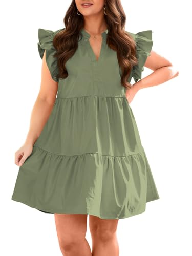 Image of Fisoew Plus Size Dresses for Women Summer Ruffle Short Sleeve V Neck Dress Tiered Swing A Line Babydoll Mini Dress