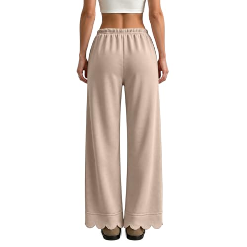 Scalloped Pants for Women Flowy Low Rise Baggy Loose Wide Leg Pants, Brown | Elastic Waisted, Straight Leg, Drawstring, Going Out Bottoms, Athletic, Gym, Work Out, Running, Fall Clothing with Pockets - image 6