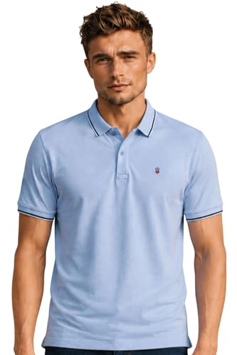 Image of Louis Philippe Men's Slim Fit Single-Tuck Pique Stylized Sleeve Print and Contrast Tipping Half Sleeve Solid Polo Tshirt
