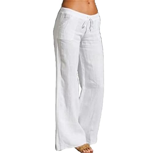 Maiyifu-GJ Women Cotton Linen Wide Leg Pants Summer Elastic Waist Drawstring Trousers Casual Regular Fit Straight Lounge Pant (White,3X-Large)