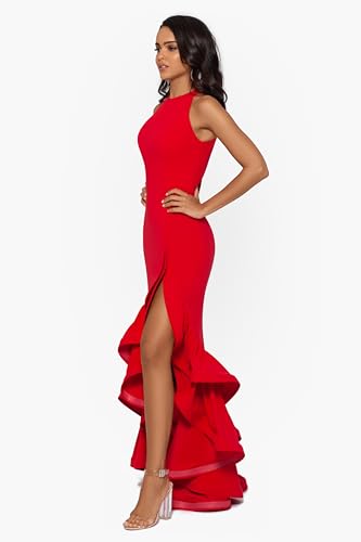 Betsy & Adam Women's Long Halter Crepe Tiered Ruffle Gown2