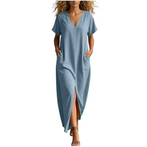Image of Maxi Dresses for Women UK Casual Oversized Tunic Dress V Neck Short Sleeve T Shirt Dresses with Pockets Ladies Solid Color A-line Dress Baggy Beach Summer High Split Sundress Strand Blue