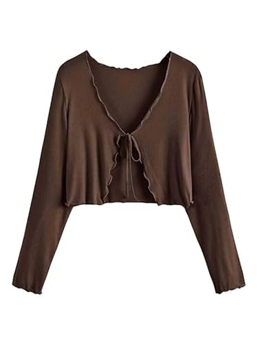 Image of GLOWSTITCH Women's Cropped Tie-Front Shrug Cardigan | Soft Ribbed Knit Long Sleeve V-Neck Top | Stylish Summer Cardigan, Casual Beach & Vacation Wear | Shrug for Woman