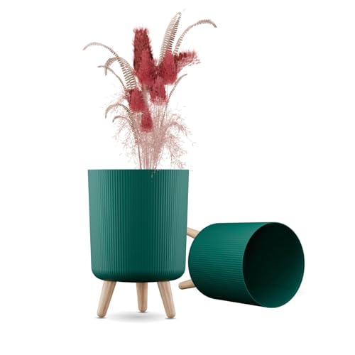 Image of LEAWALL Modern White Flower Pot with Stand | Large Indoor Outdoor Planter for Home Garden Balcony Living Room | Italian Ribbed Design Tall Decorative Plastic Plant Pots with Legs (Green, 2)