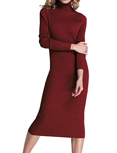 Image of Rocorose Women's Turtleneck Ribbed Elbow Long Sleeve Knit Sweater Dress