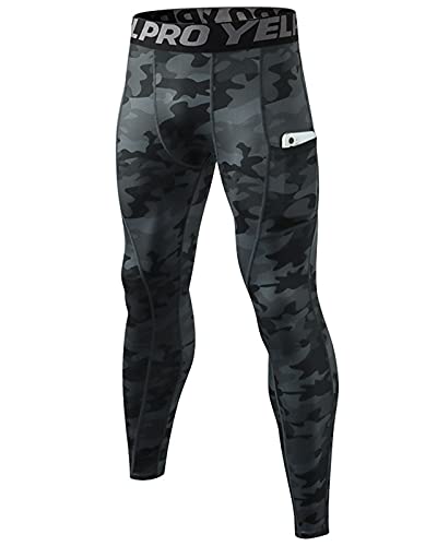 Shengwan Mallas Running Hombre Leggings Largos Pantalones de Compresión con Bolsillo para Deporte, Fitness, Gym Camo Negro M