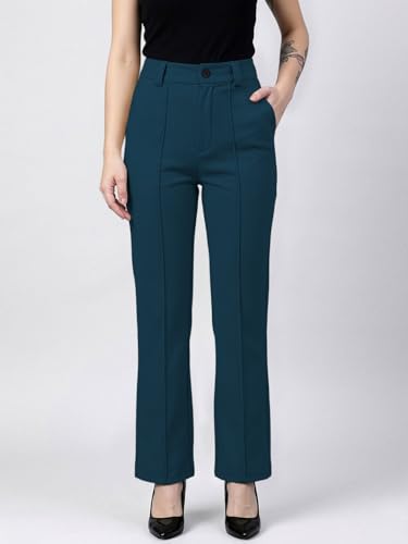Image of Women's High Waist Formal Straight Fit Trousers Premium Stretch Office Pants Front Pleated Design Smart Workwear Bottom for Office, Casual & Business Wear