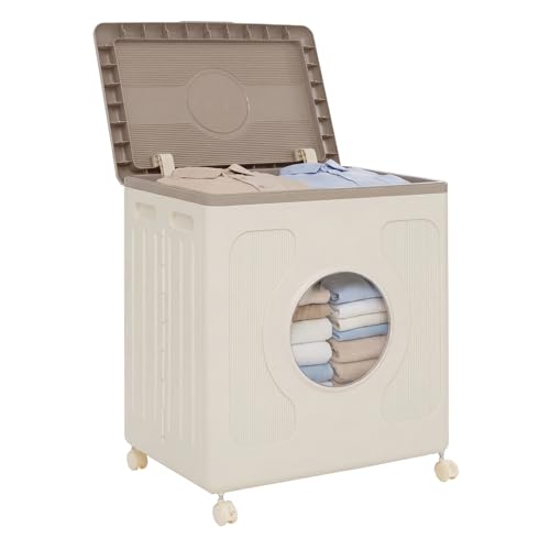 COSTWAY Aufbewahrungsbox faltbar, 45 L Wäschekorb Kunststoff mit Rollen & Deckel & transparentem Fenster, Wäschetonne tragbar für Zuhause, Wäsche & Schlafzimmer (Grau)