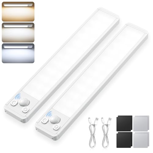 Under Cabinet Kitchen Lights Cupboard - LED Motion Sensor 3-Color Rechargeable Strip Light for Wardrobe Indoor USB Wireless Battery Powered Lighting Shelf Counter Closet with Magnetic Stick 2 Pack