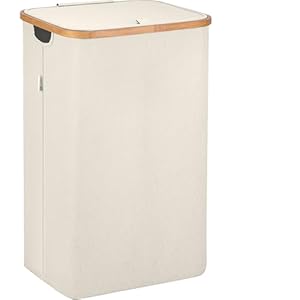 Lonbet – Laundry Hamper with Lid Cover – Sturdy Tall Bamboo Laundry Basket Clothes Organizer – Aesthetic Bedroom Fabric Bin – Big Bathroom Dirty Clothes Hamper – Removable Bag – XL 100 Liters – Beige
