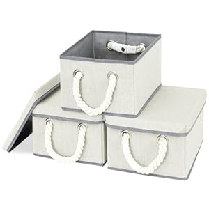Collapsible Storage Bins with Lids,3 Packs Medium Foldable Storage Basket Organizer Container with Cover for Shelves Rectangle Storage Box with Cotton Rope Handle for Home Closet,Beige