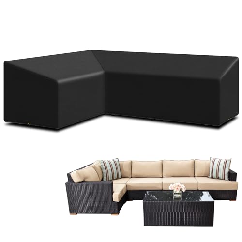 Funshot L-Shape Garden Furniture Covers Waterproof, Garden Sofa Covers Windproof, Anti-UV, 420D Heavy Duty Oxford Fabric Outdoor Patio Rattan Corner Sofa Cover Dining Set Covers (222*286*82cm)