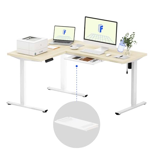 Image of FLEXISPOT L Shaped Standing Desk, 63 x 47 Inch Electric Height Adjustable Corner Desk, Sit Stand Computer Workstation, Preset Controller, Home Office, White Frame with Maple Top, White Drawer