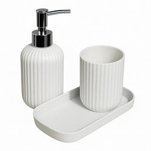 Image of 3PCS Set Bathroom Soap Dispenser Set with Toothbrush Holder and Vanity Tray Unbreakable (White)