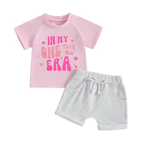 Baby Girl First Birthday Outfit In My One Year Old Era T-Shirt Solid Color Shorts Set 1st Birthday Gifts
