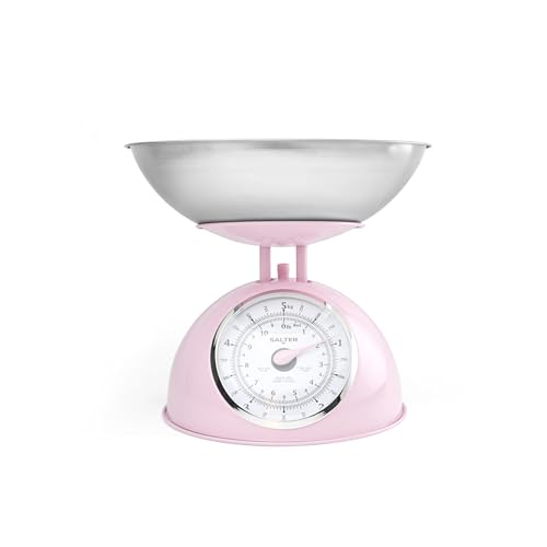 Báscula de Cocina Mecánica Retro Rosa Salter – Esfera Giratoria Grande de Fácil Lectura, Capacidad de 5 kg, Bol Seguro para Lavavajillas de 1 Litro, Báscula Analógica para Alimentos, Altura de 22 cm