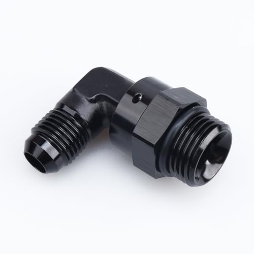 Image of AC PERFORMANCE Black Aluminum 90 Degree -6 AN Male Flare to -8 AN ORB O Ring Port Thread 3 /4 x 16 Swivel Fitting Adapter