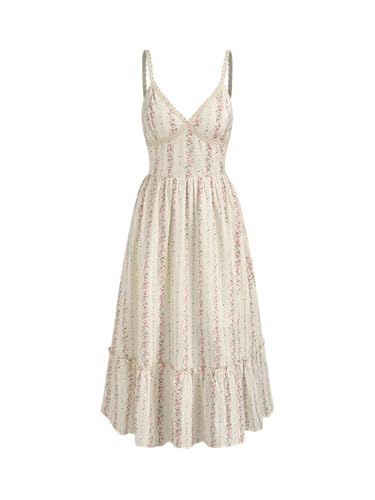 CIDER Summer Floral V Neck Maxi Dress Vacation Beach Sleeveless Cotton Shirred Mid Waist Dress